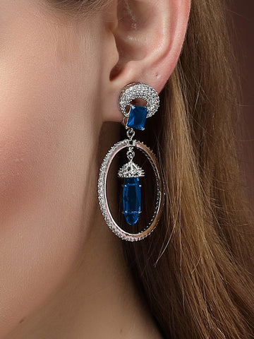 Karatcart Silver Plated Blue Cubic Zirconia Studded Dangler Hoop Earrings for Women