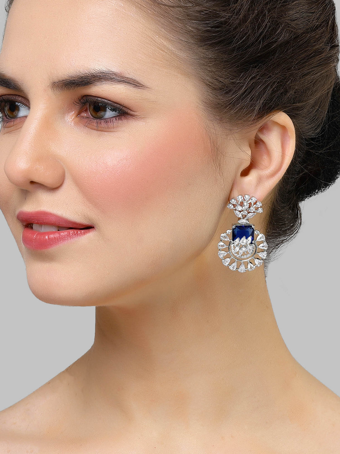 Karatcart Silver Toned Blue Cubic Zirconia Studded Drop Earrings for Women