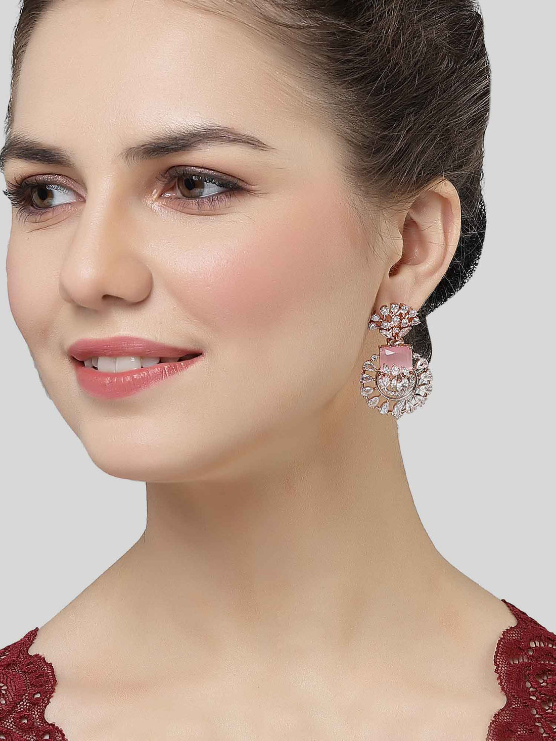 Karatcart Rose-Gold Plated Pink Cubic Zirconia Studded Drop Earrings for Women