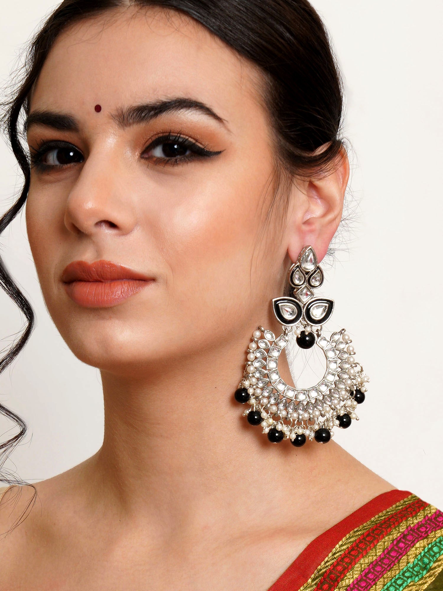 Karatcart Oxidised Silver Black Meena Kundan Chandbali Earrings for Women - view 2