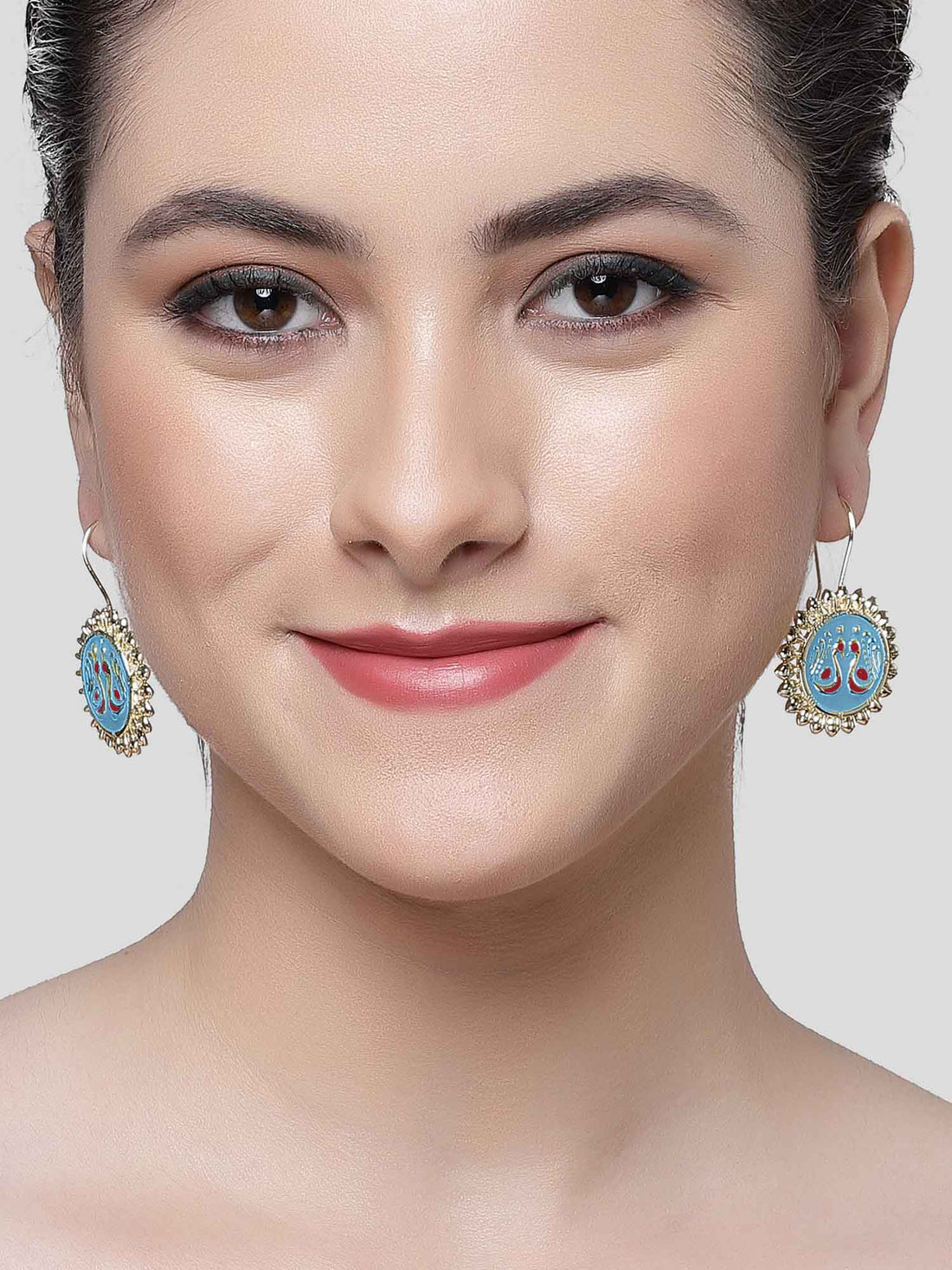 Karatcart Gold Plated Peacock Design Light Blue and Red Meena Drop Earrings for Women