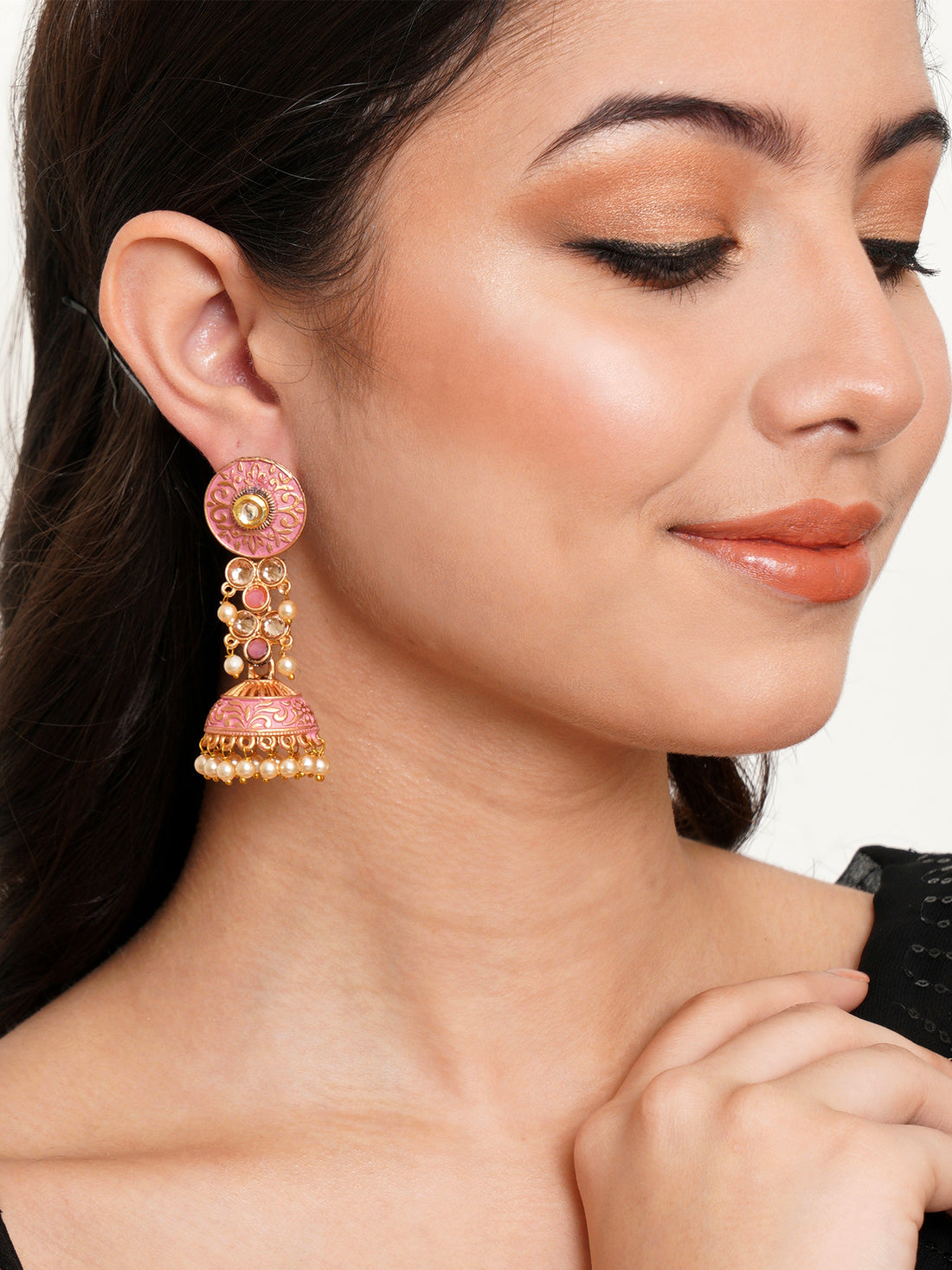 Karatcart Gold Plated Pink Meena and Pearl Studded Jhumki Earrings for Women