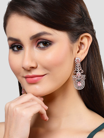 Karatcart Rose Gold Plated Pink Cubic Zirconia Studded Dangler Earrings for Women