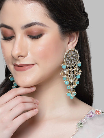 Karatcart Gold Plated Light Blue Bead Kundan Drop Earrings for Women