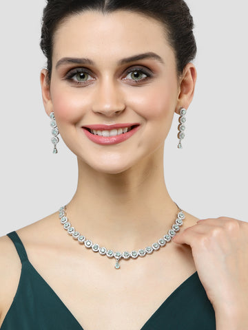 Karatcart Silver Tone Light Green Cubic Zirconia Studded Necklace Set