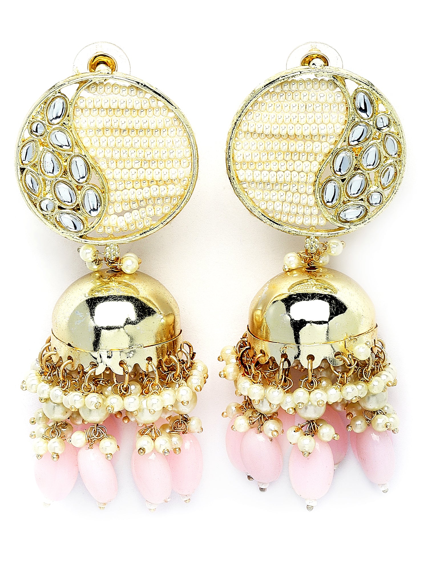 Karatcart Gold Plated Pink Tumble and Pearl Studded Kundan Jhumki Earrings for Women - view 4