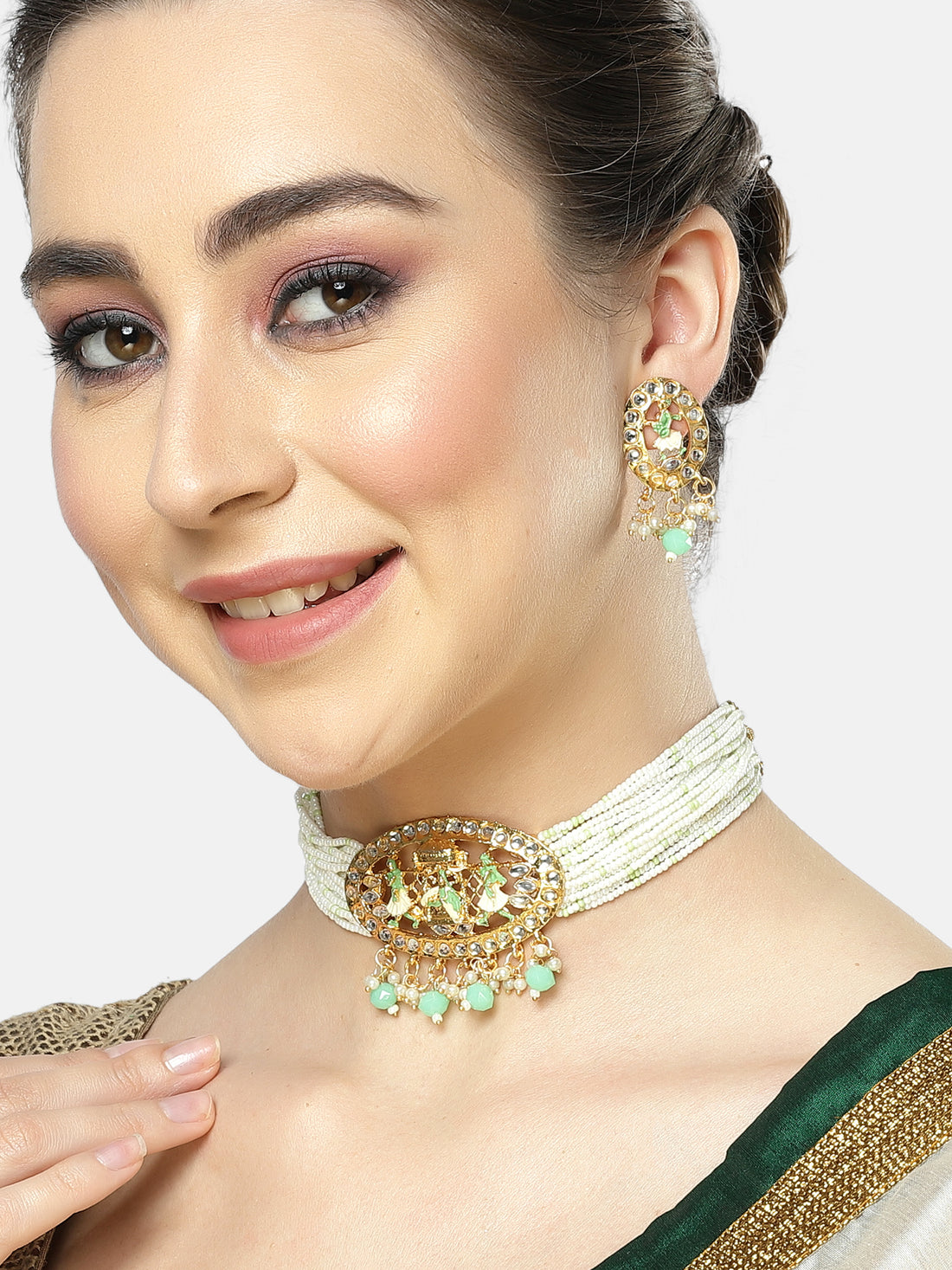 Karatcart Gold Plated Light Green Dulhan Doli Design Choker Necklace Set for Women