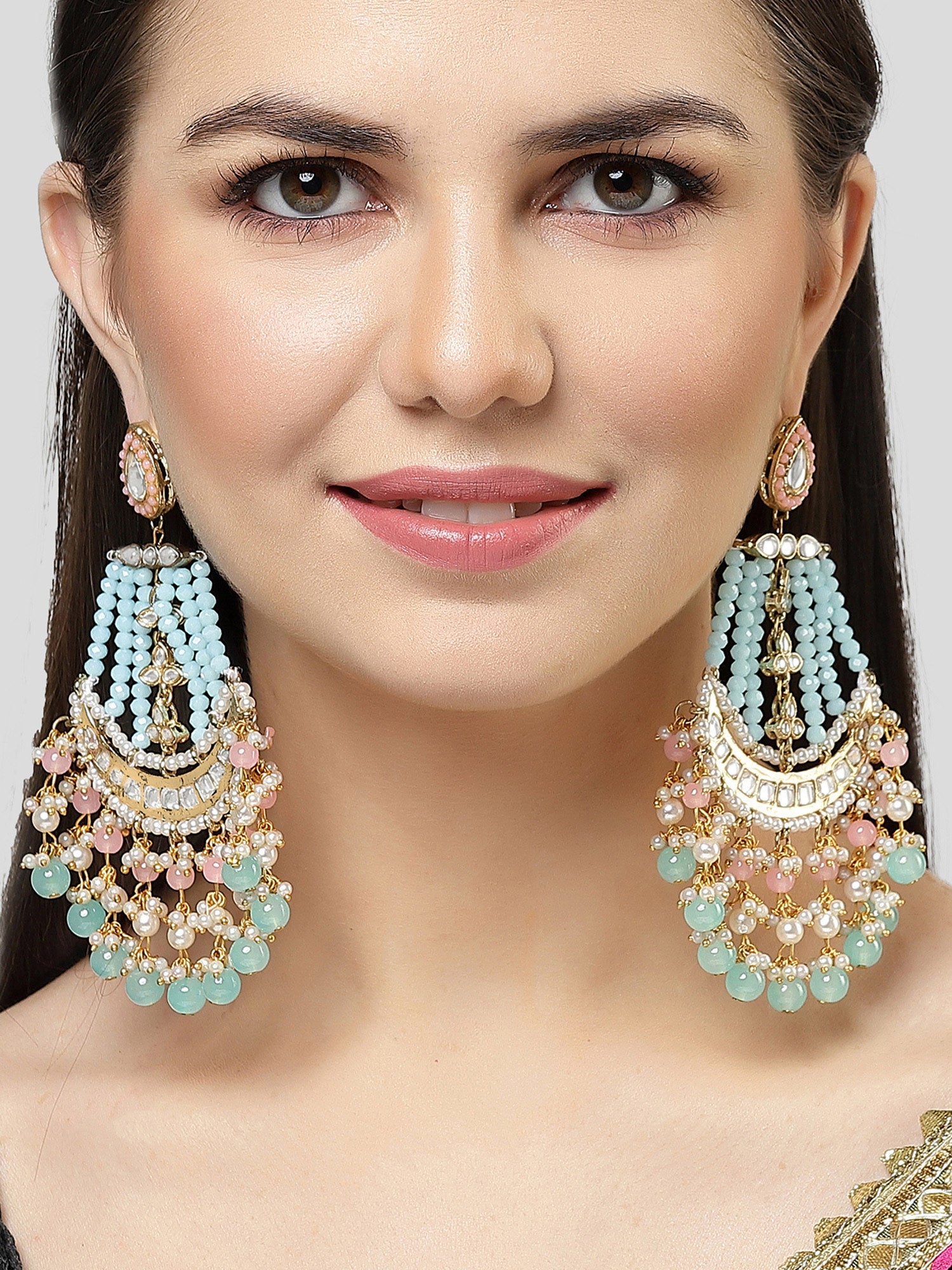 Karatcart Gold Plated Blue and Pink Kundan Studded Dangler Earrings for Women - view 2