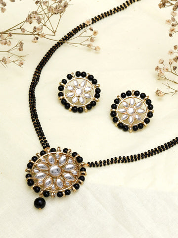 Karatcart Gold Plated Black Beads Studded Floral Kundan Mangalsutra with Earrings