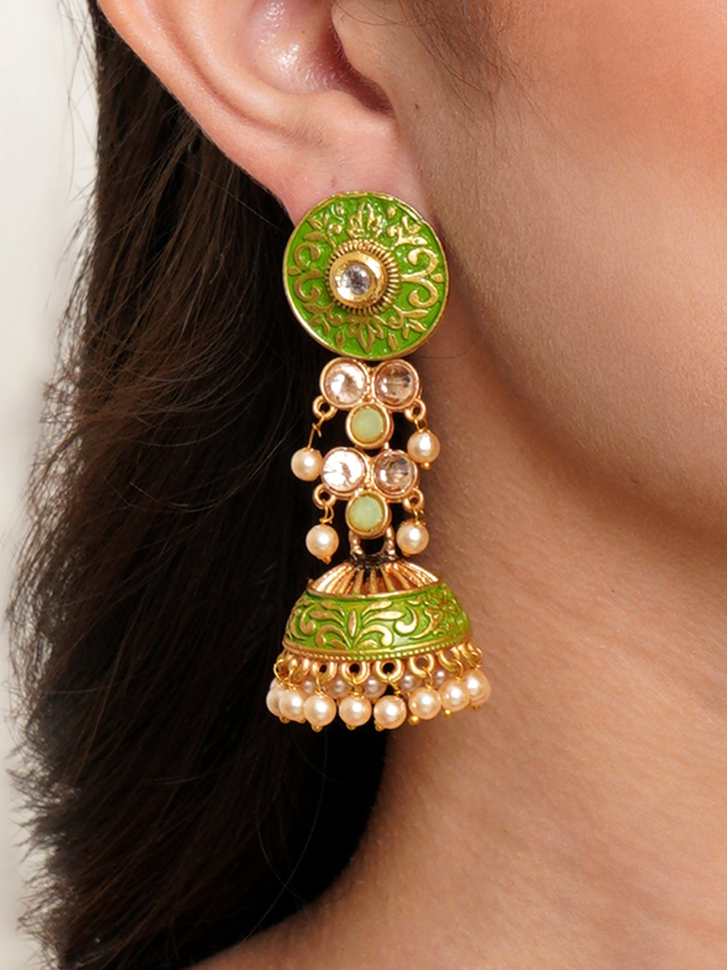 Karatcart Gold Plated Light Green Meena and Pearl Studded Jhumki Earrings for Women - Image 1