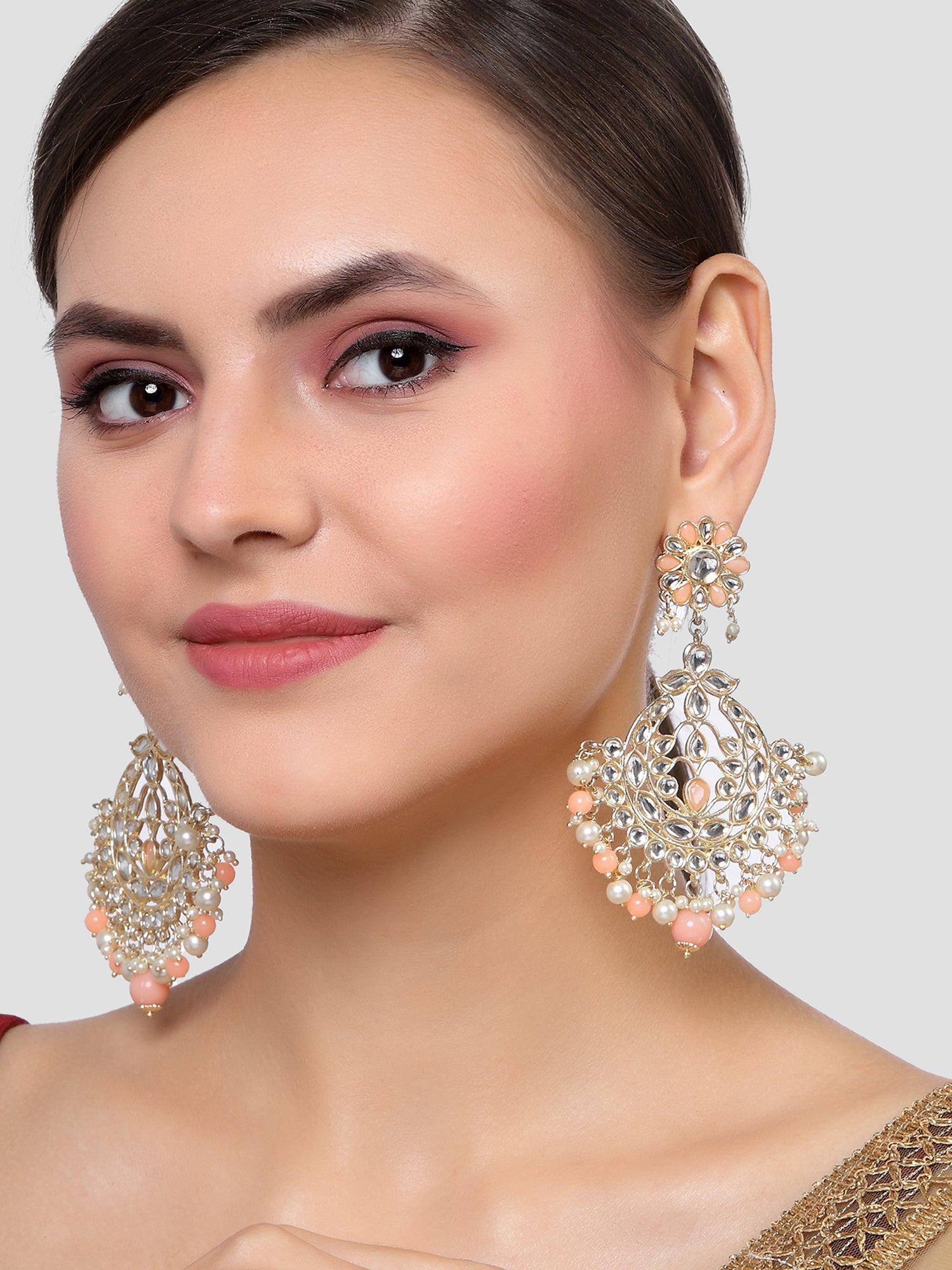 Karatcart Gold Plated Peach Beads and Pearl Studded Kundan Dangler Earrings for Women - Image 1