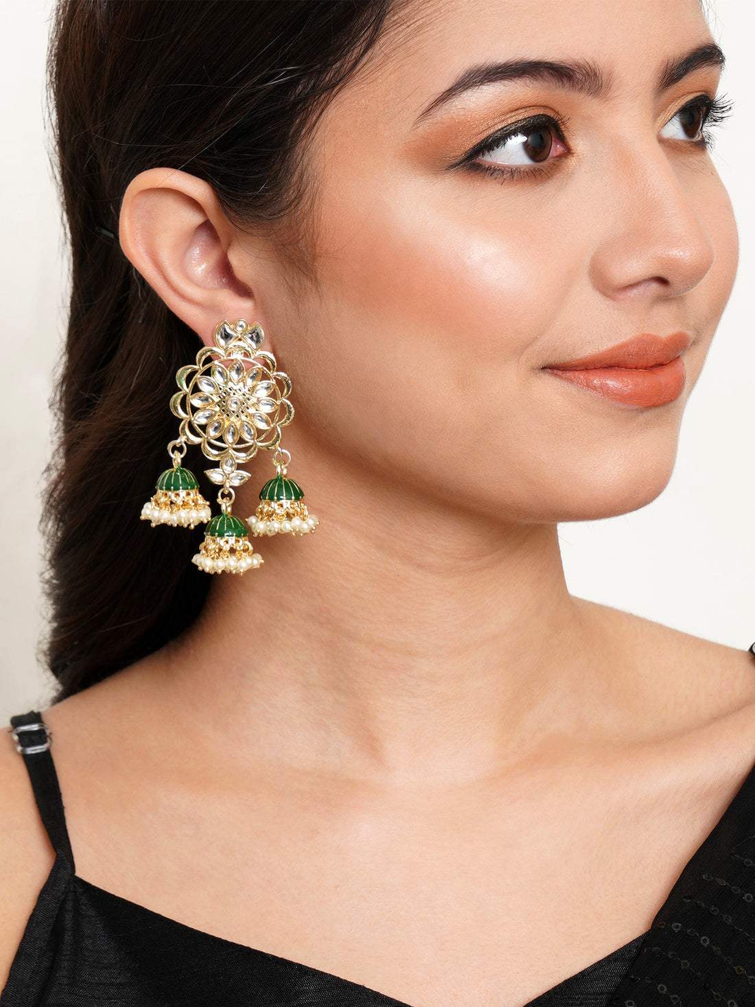 Karatcart Gold Plated Kundan Studded Green Meena Triple Jhumki Earrings for Women