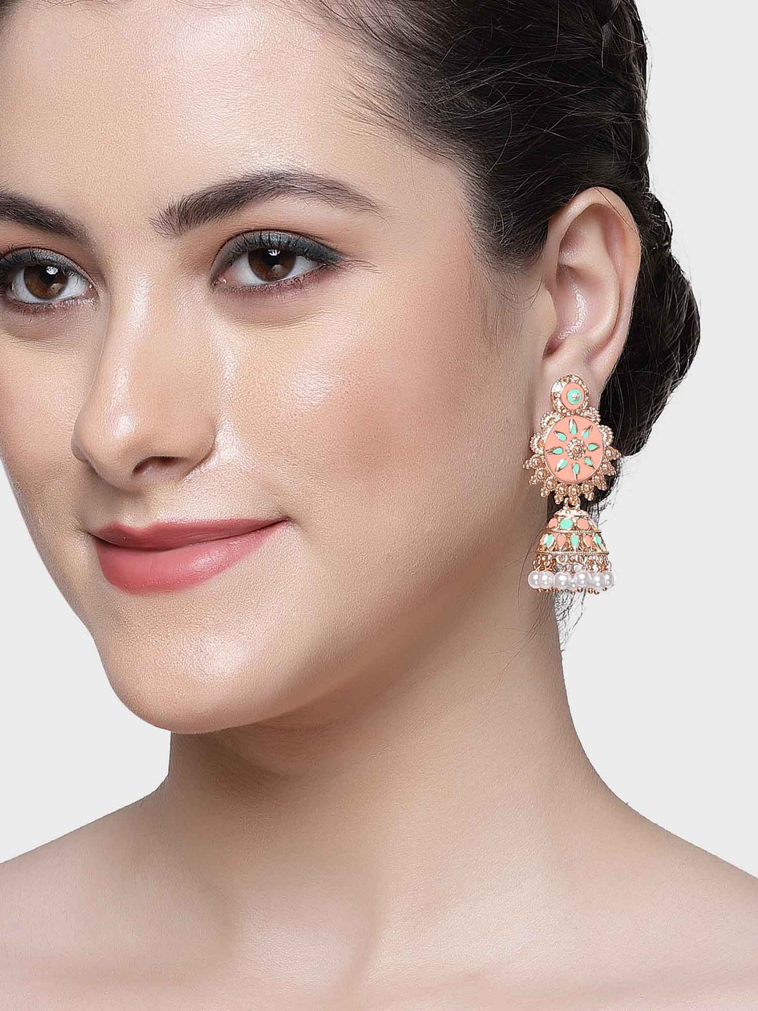 Karatcart Rose Gold Plated Pink and Light Blue Meena Floral Jhumki Earrings for Women