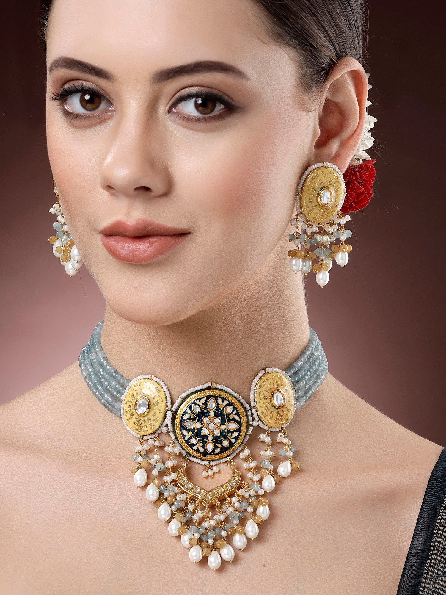 Karatcart Gold Plated Blue and Mustard Meenakari Crystal Beaded Choker Necklace Set for Women