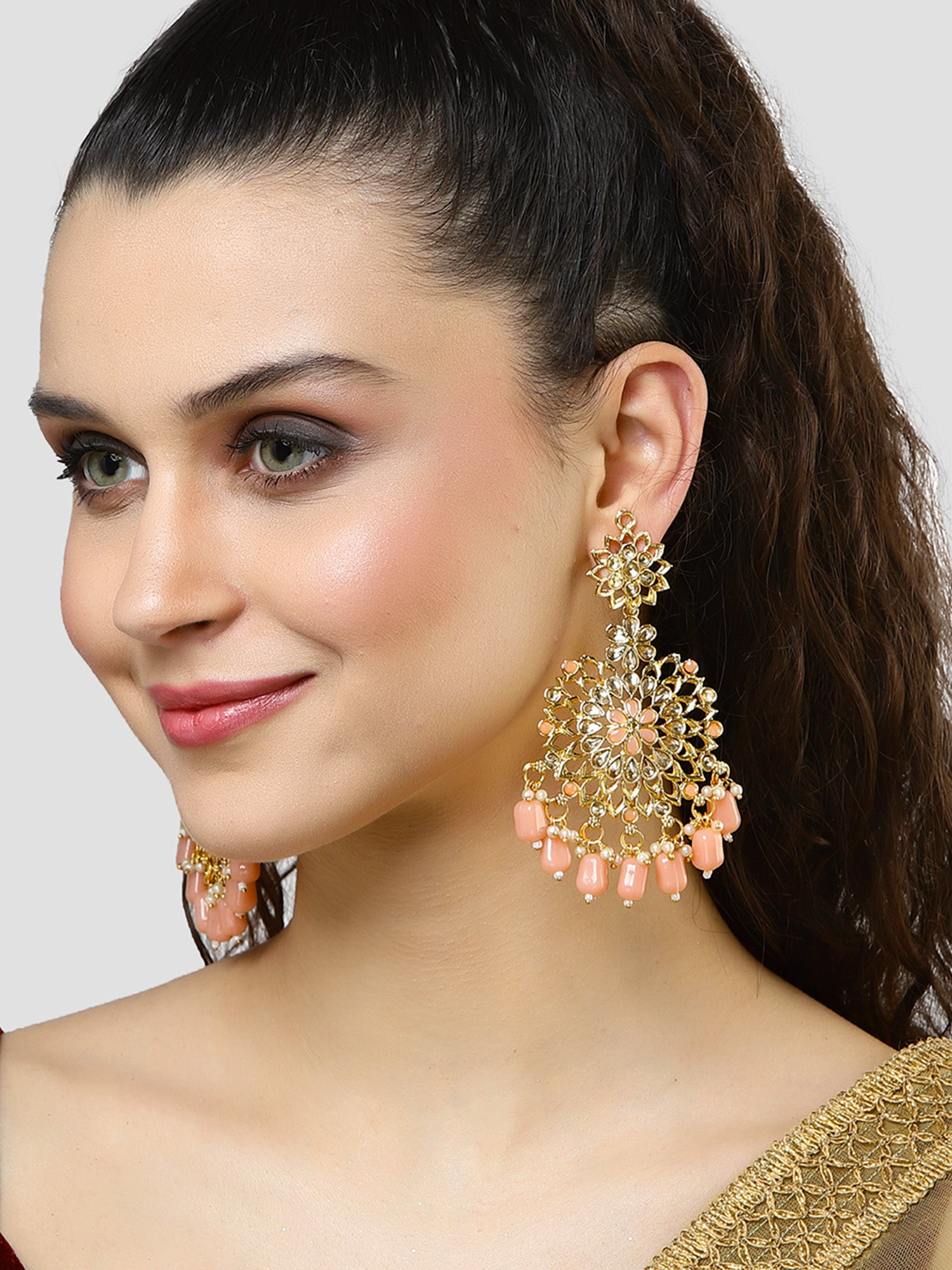 Karatcart Gold Plated Peach Tumble and Kundan Studded Dangler Earrings for Women - Image 1