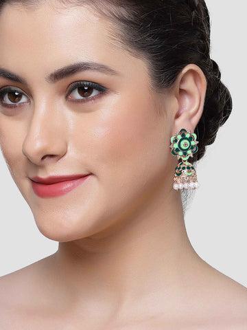 Karatcart Rose Gold Plated Floral Design Green and Lime Green Meena Jhumki Earrings for Women