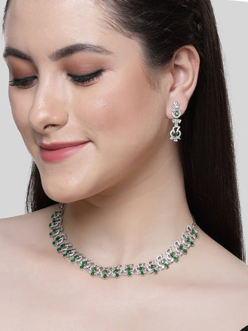 Karatcart Green Cubic Zirconia Studded Silver Plated Necklace Set for Women