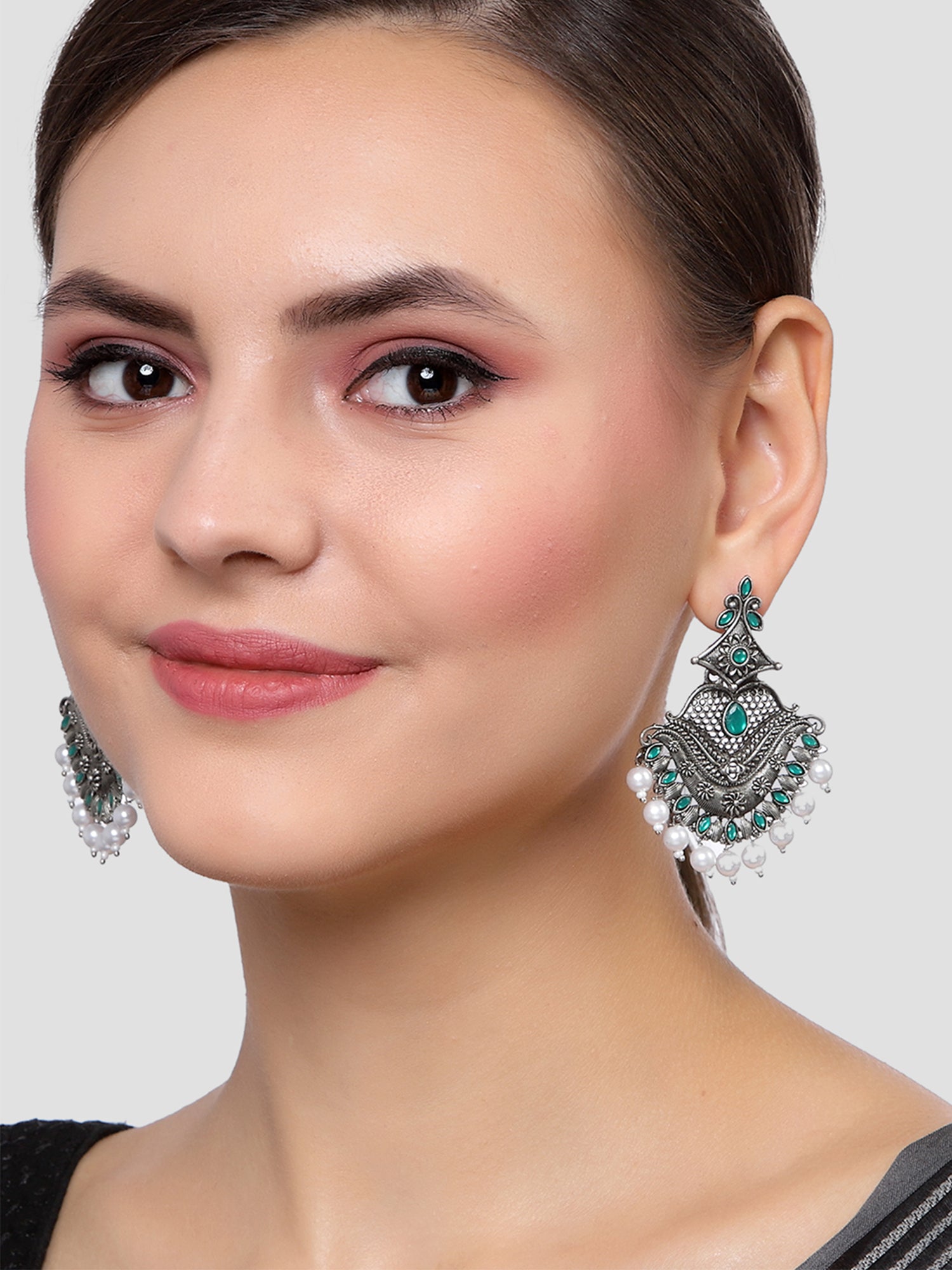 Karatcart Antique Silver Plated Green Monalisa Stone Studded Dangler Earrings for Women - view 2