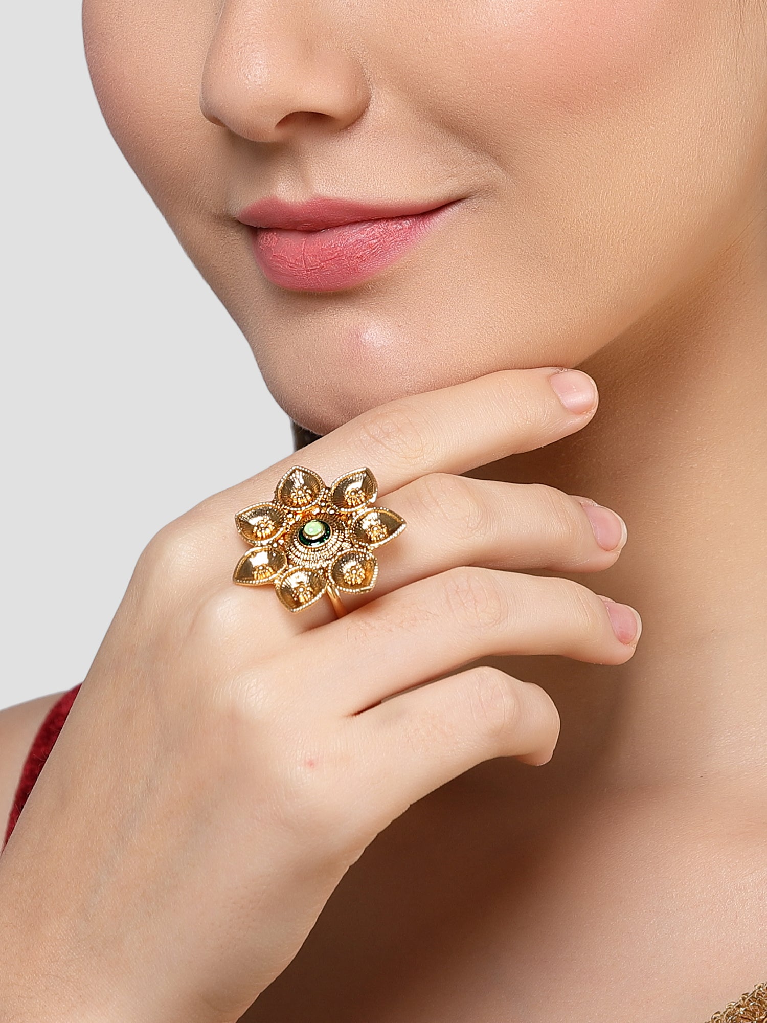 Karatcart Gold Plated Floral Shaped Green Stone Studded Cocktail Rings for Women