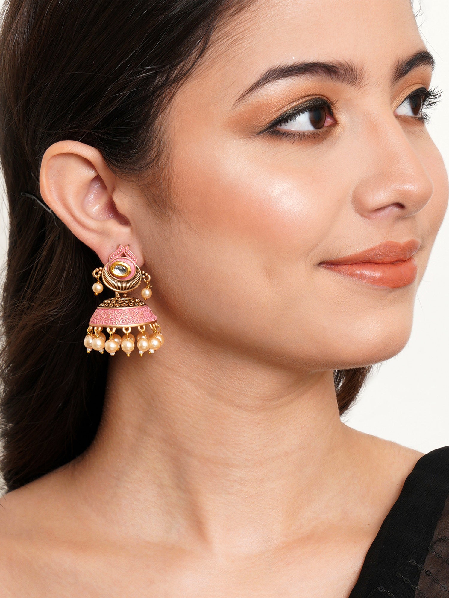 Karatcart Antique Gold Plated Polki Kundan Studded Pink Meena Jhumki Earrings for Women - view 2