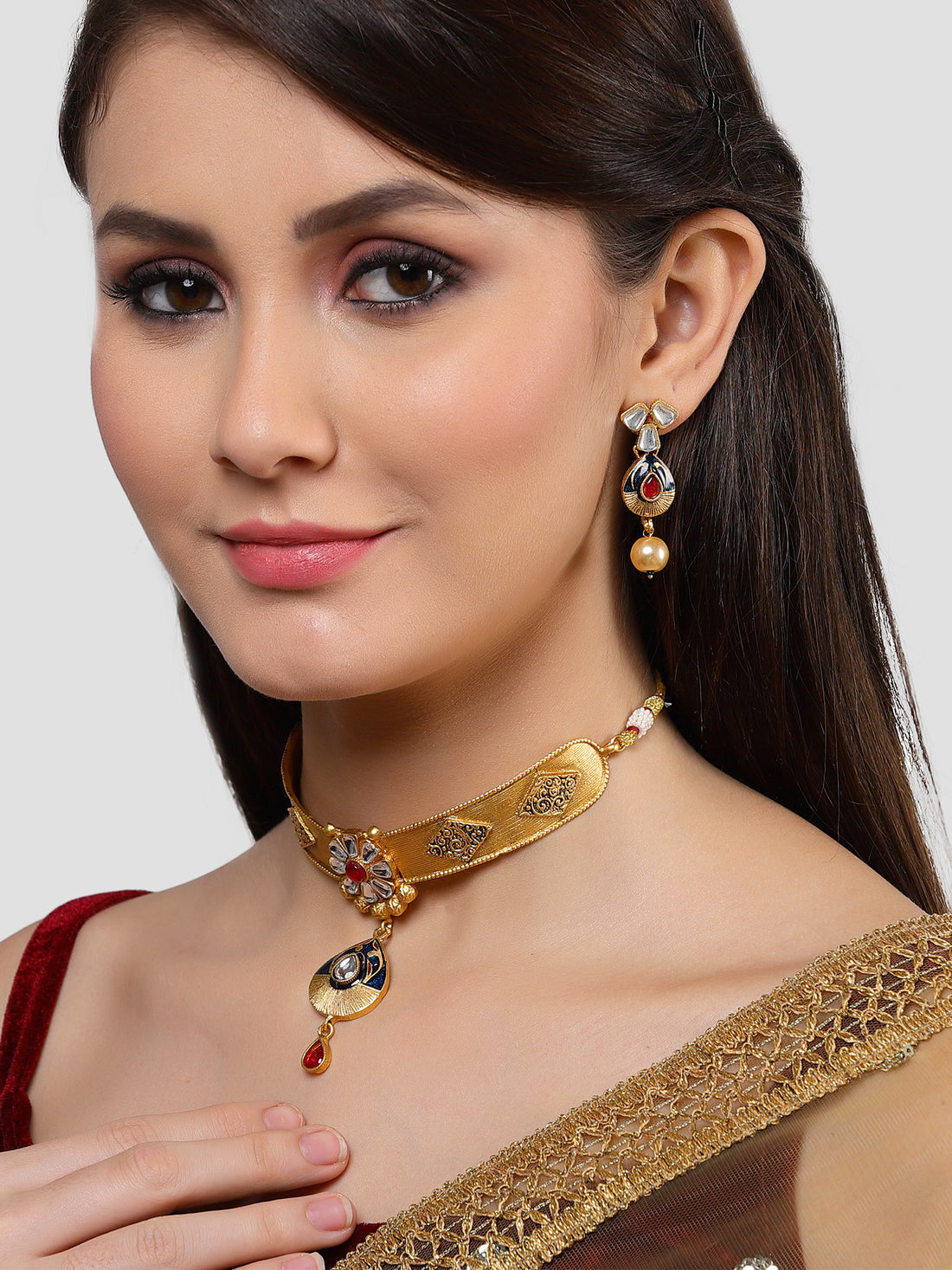 Karatcart Gold Plated Navy Blue Meena Tribal Choker Necklace Set