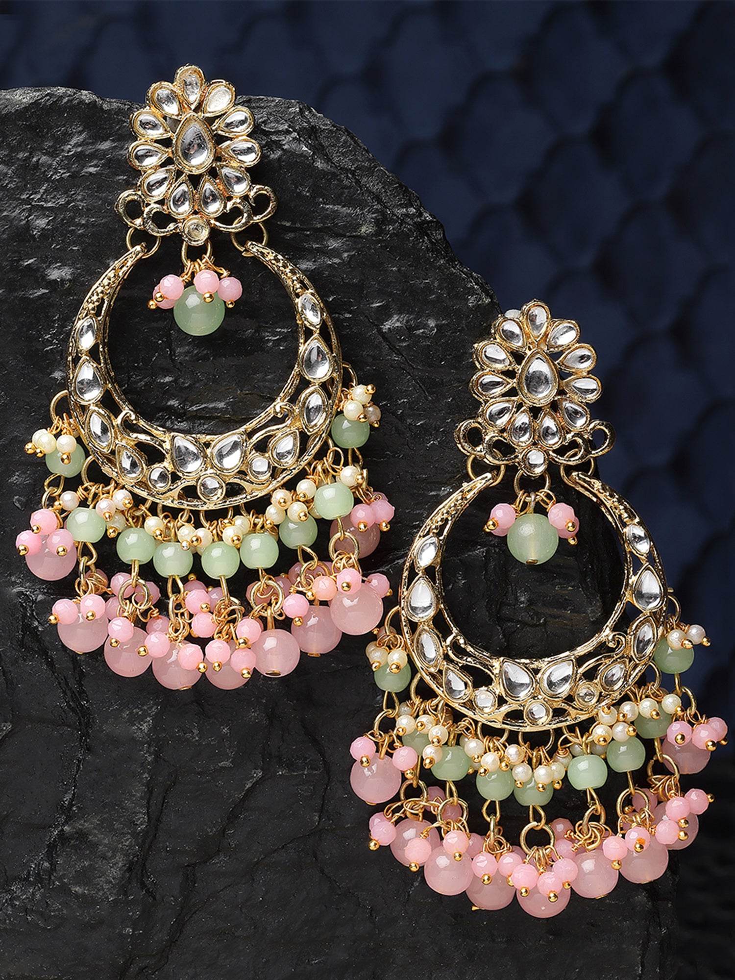 Karatcart Gold Plated Pink and Light Green Kundan Drop Earrings for Women - view 3
