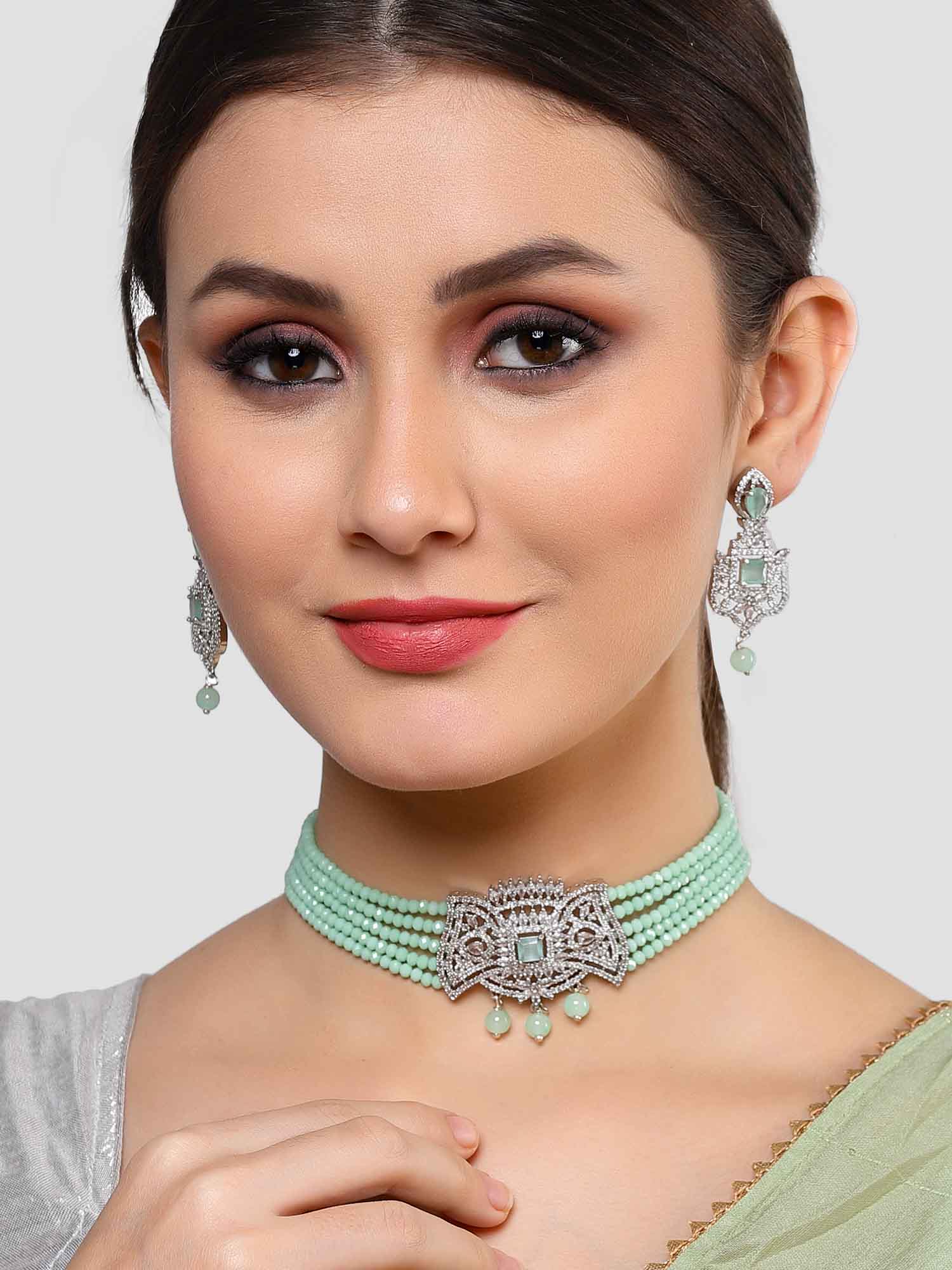 Karatcart Silver Tone Light Green Crystal Cubic Zirconia Choker Necklace Set for Women - Image 1