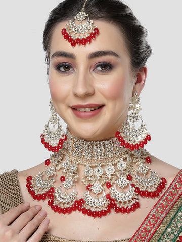 Karatcart Gold Plated Red Tumble Studded Kundan Bridal Necklace Set for Women