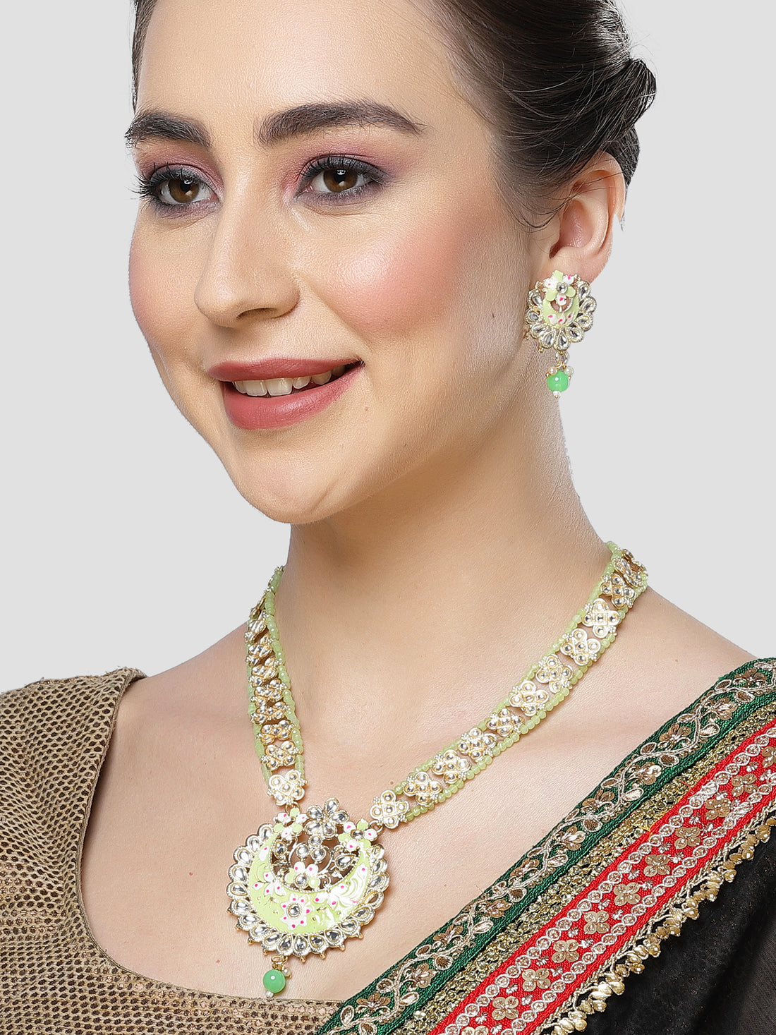 Karatcart Gold Plated Light Green Meena Kundan Ranihaar Necklace Set for Women