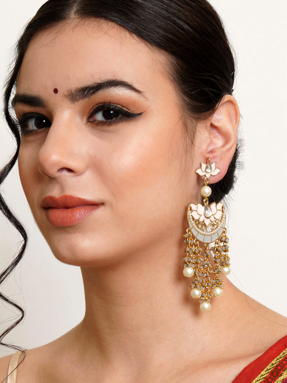 Karatcart Gold Plated Lotus Shape Grey Meena Kundan Dangler Earrings for Women