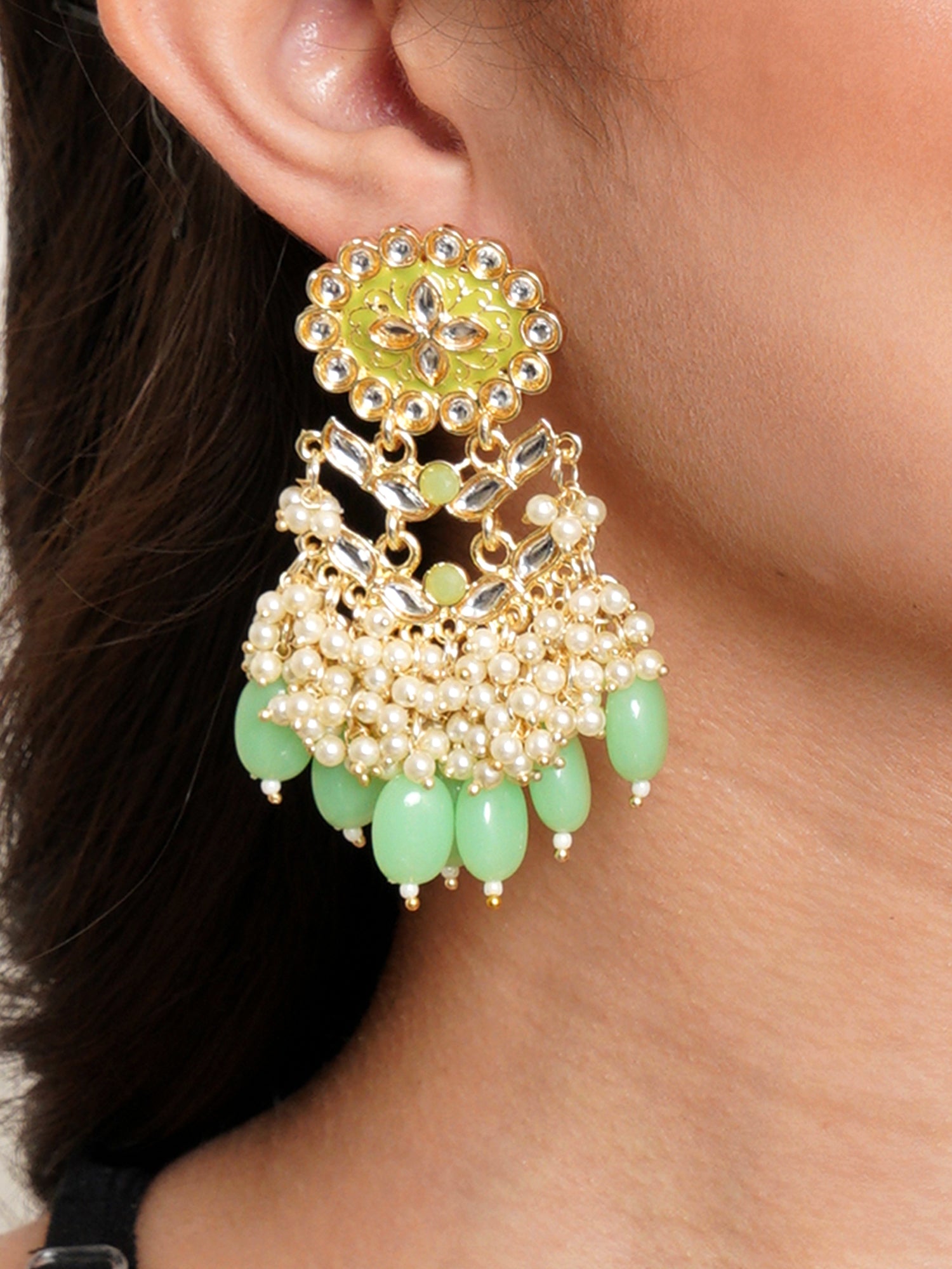 Karatcart Gold Plated Kundan Studded Light Green Meena and Tumble Dangler Earrings for Women - Image 1