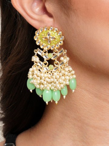 Karatcart Gold Plated Kundan Studded Light Green Meena and Tumble Dangler Earrings for Women