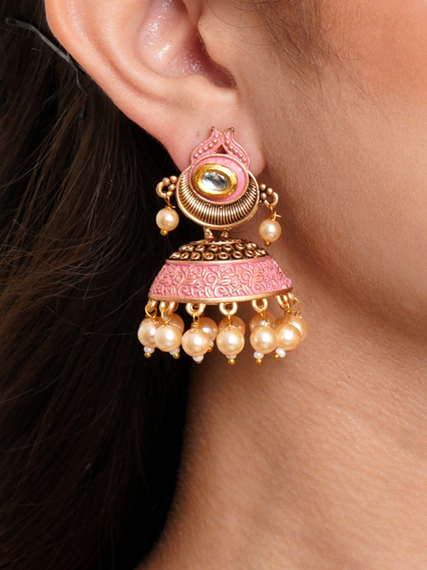 Karatcart Antique Gold Plated Polki Kundan Studded Pink Meena Jhumki Earrings for Women - Image 1