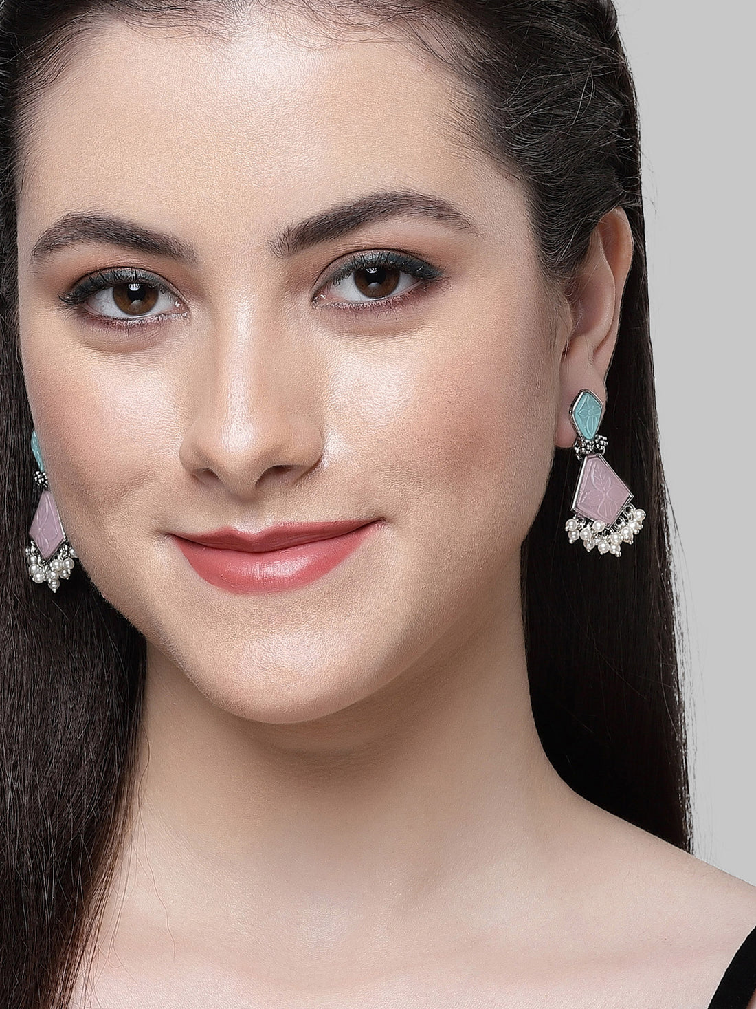 Karatcart Silver Tone Diamond Shape Pink and Blue Carved Stone Studded Drop Earrings for Women