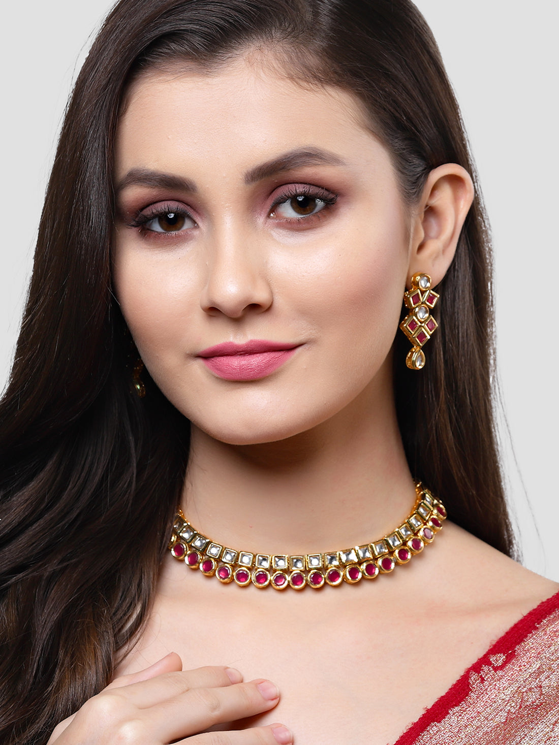 Karatcart Gold Plated Red Polki Kundan Handcrafted Necklace Set for Women