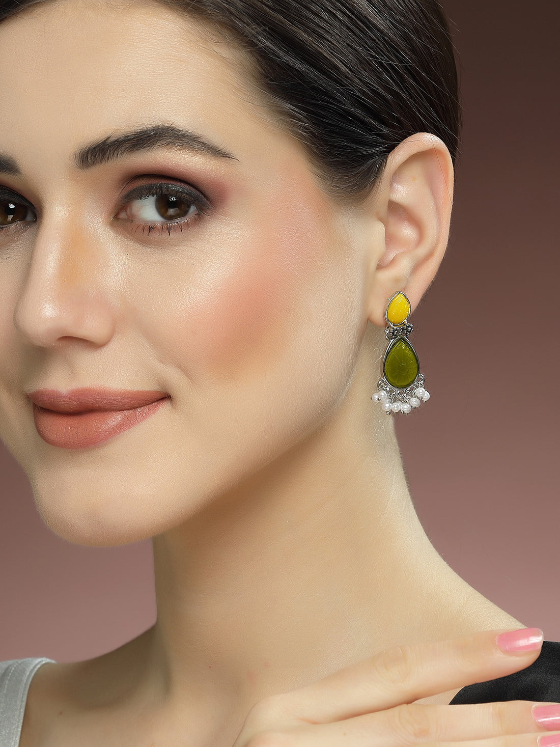 Karatcart Silver Tone Drop Shape Olive Green and Yellow Carved Stone Studded Drop Earrings for Women