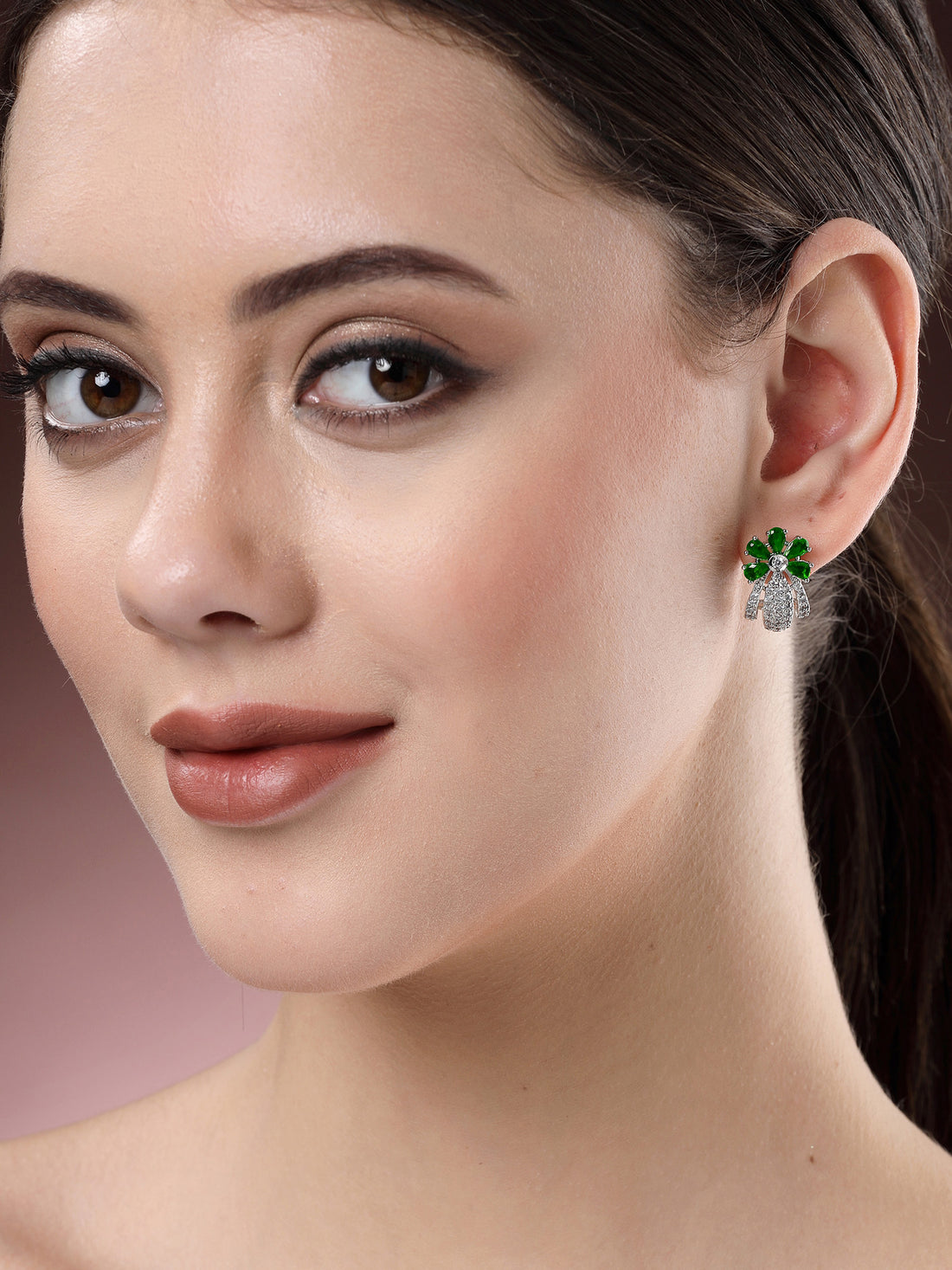 Karatcart Silver Plated Green Stones Floral Design AD Stud Earrings for Women