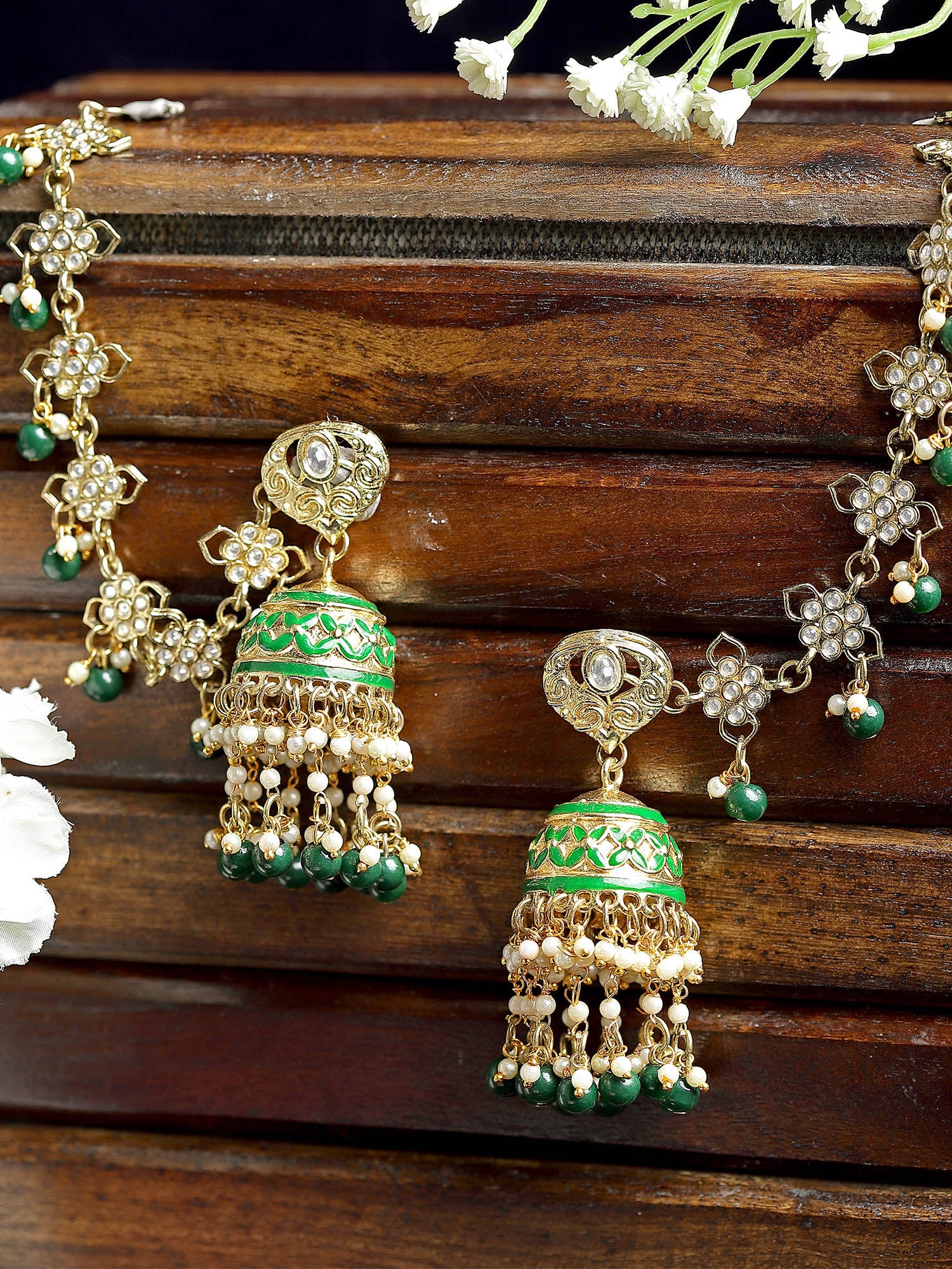 Karatcart Gold Plated Green Meena and Beads Kundan Kaanchain Jhumki Earrings for Women - view 3