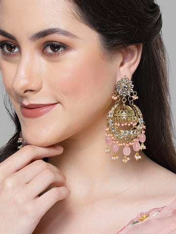 Karatcart Gold Plated Pink Tumble Kundan Jhumki Earrings for Women