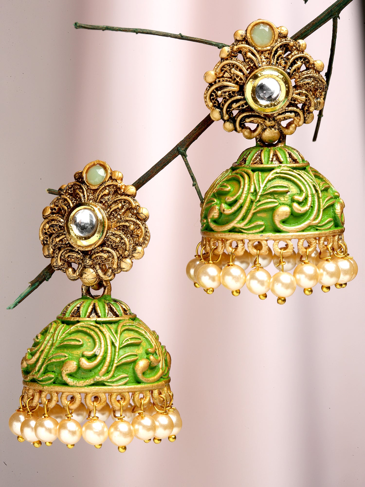 Karatcart Gold Plated Green Meena Golden Pearl Jhumki Earrings for Women