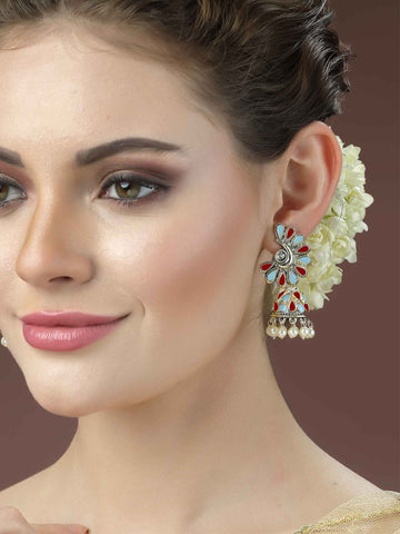 Karatcart Gold Plated Red and Light Blue Meena Jhumki Earrings for Women