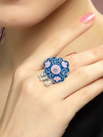 Karatcart Oxidised Silver Floral Design Lime Blue and Pink Meena Finger Ring for Women