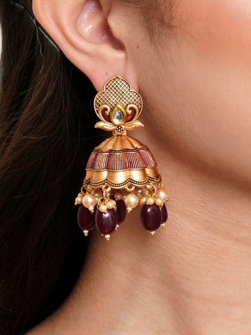 Karatcart Gold Plated Maroon Tumble and Golden Pearl Studded Jhumki Earrings for Women