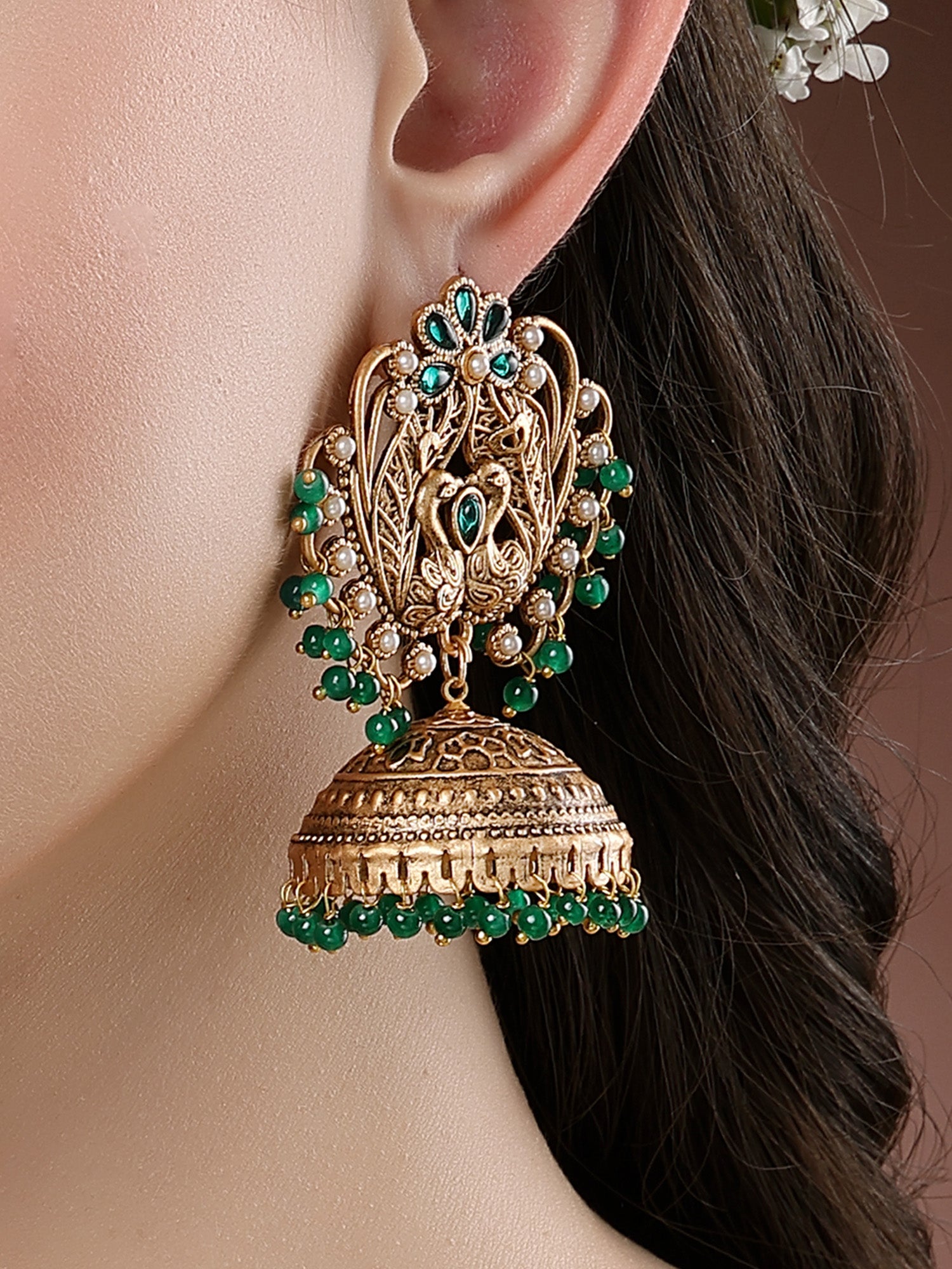 Karatcart Peacock Design Gold Plated Green Beads Jhumki Earrings for Women