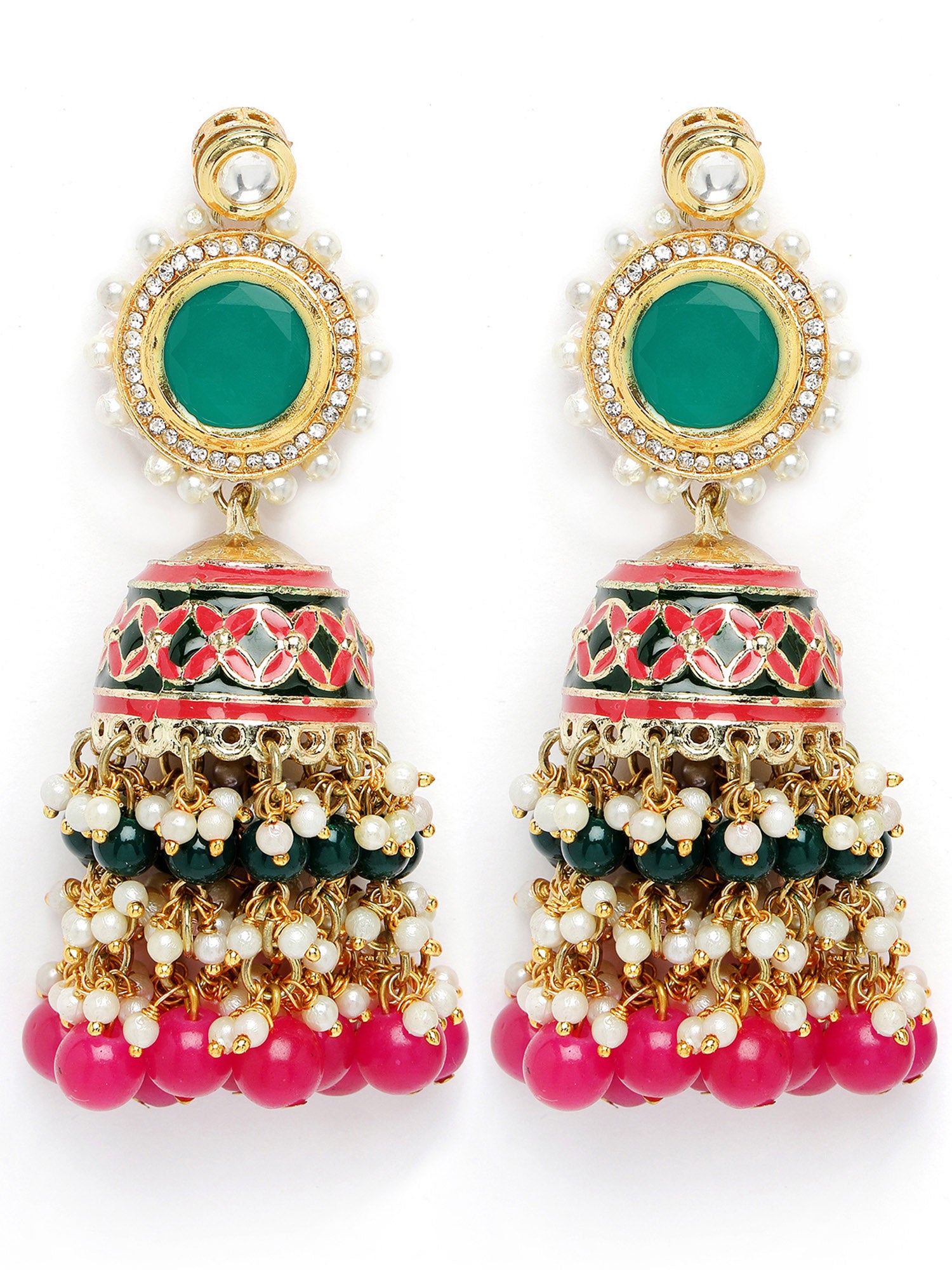 Karatcart Gold Plated Green and Pink Meena Polki Kundan Jhumki Earrings for Women - view 5