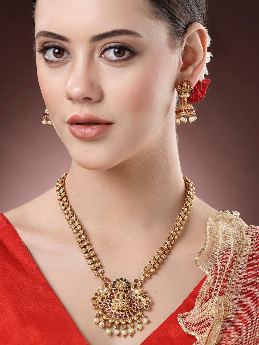 Karatcart Gold Plated Pearl Studded Laxmi Mata Temple Jewellery Set for Women