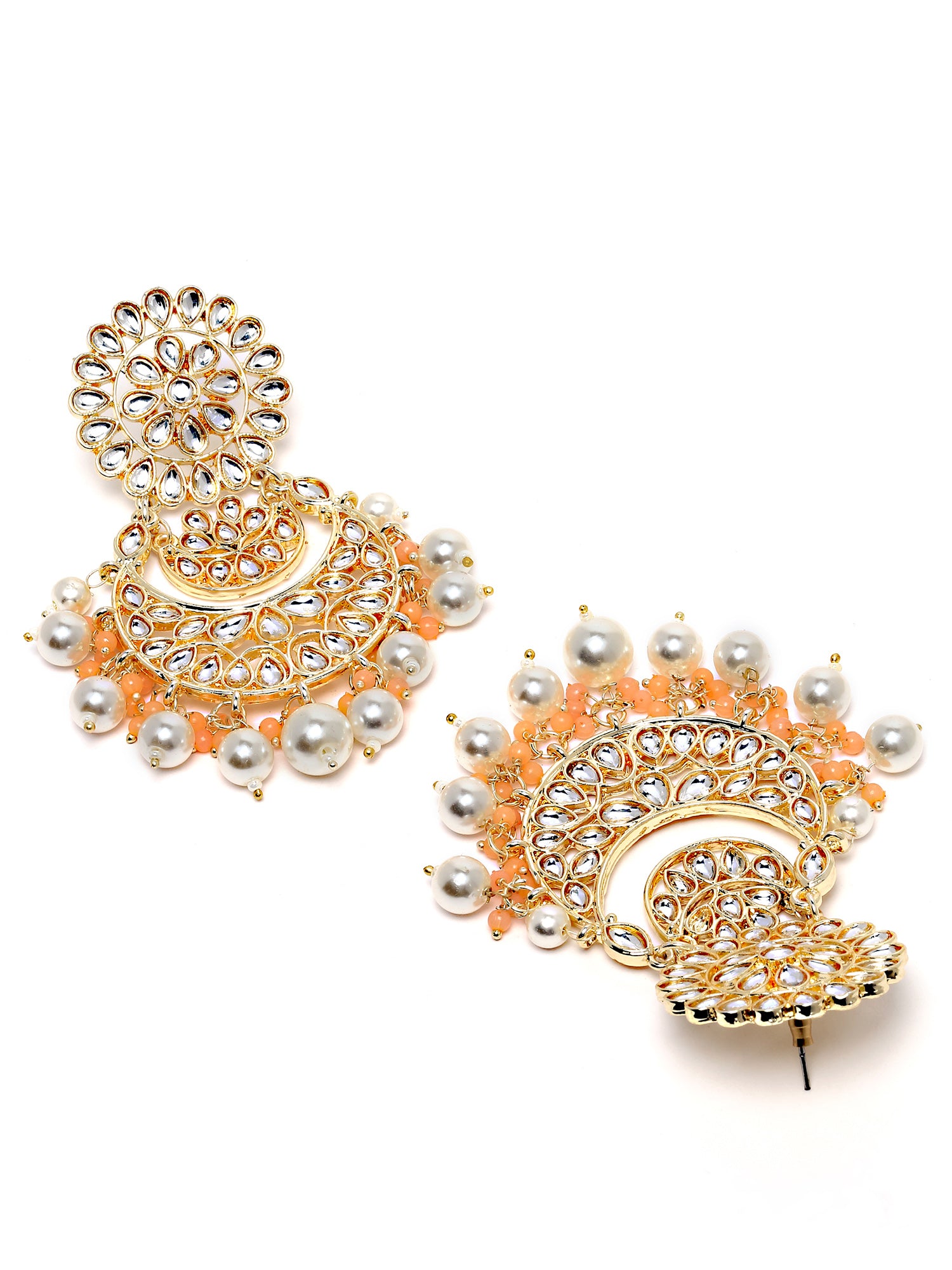 Karatcart Gold Plated Peach and Pearl Beads Studded Kundan Dangler Earrings for Women - view 5