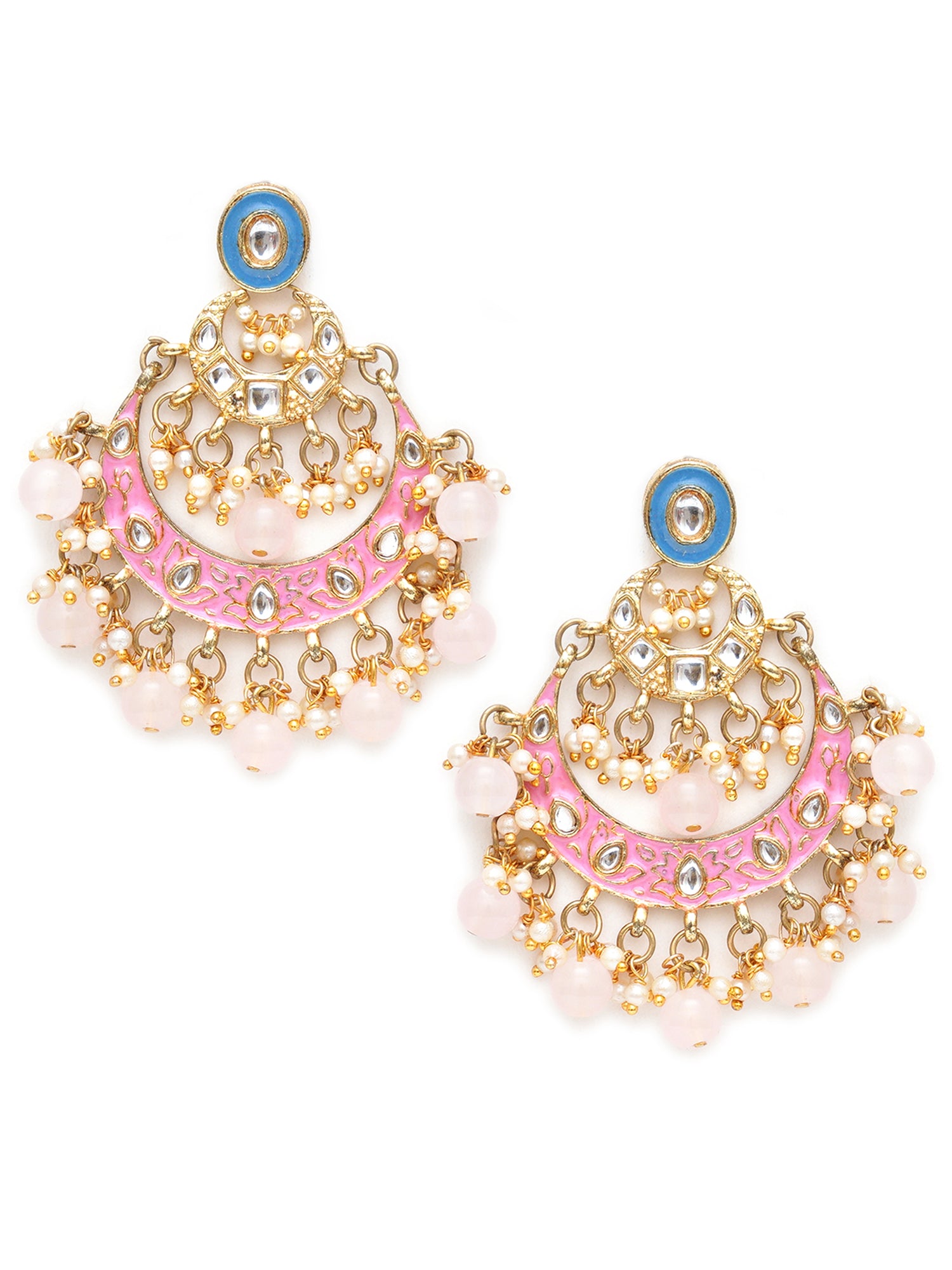 Karatcart Gold Plated Pink and Blue Meena Kundan Chandbali Earrings for Women - view 3