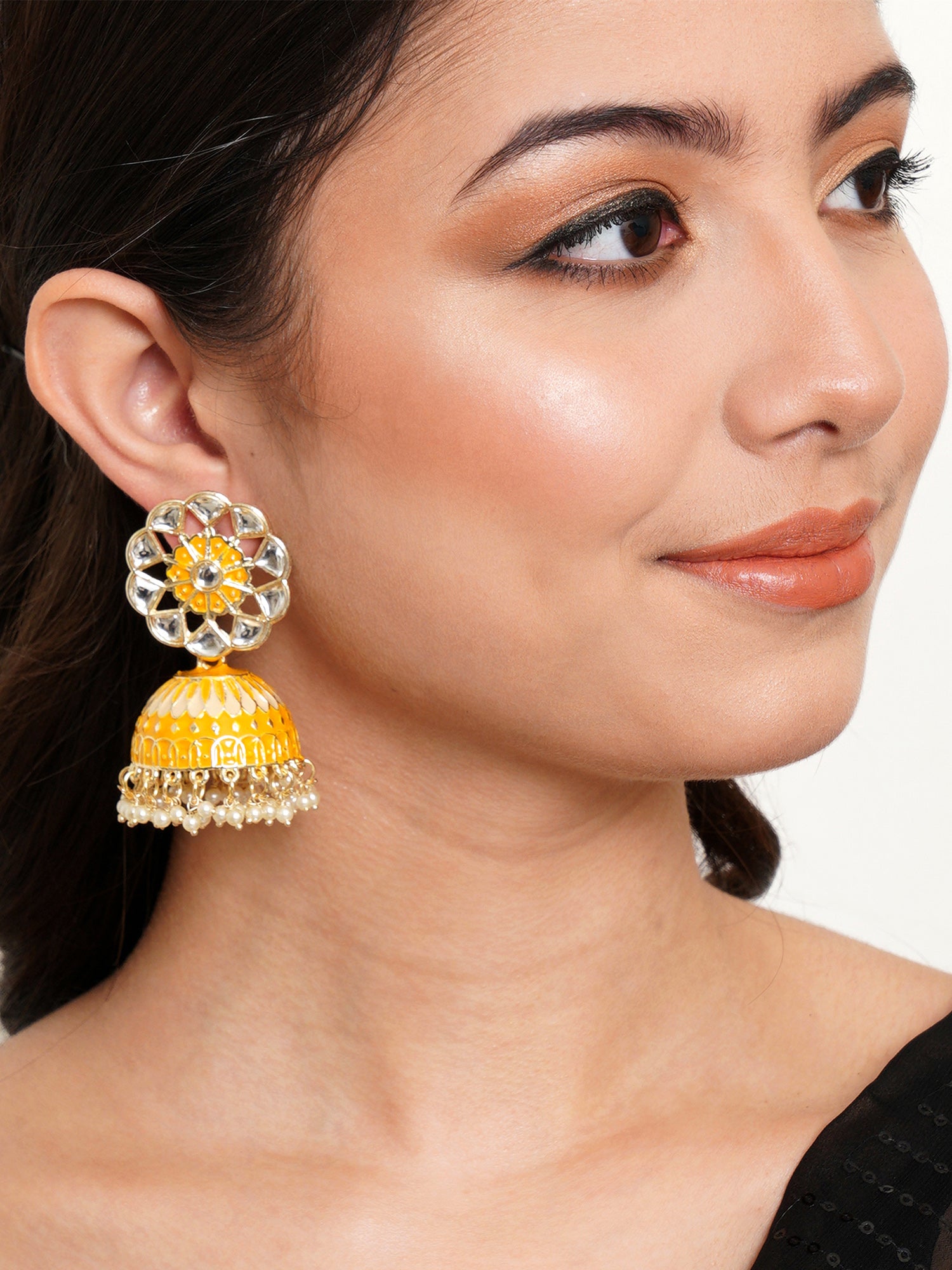 Karatcart Gold Plated Yellow Meena Kunda Studded Jhumki Earrings for Women - view 3