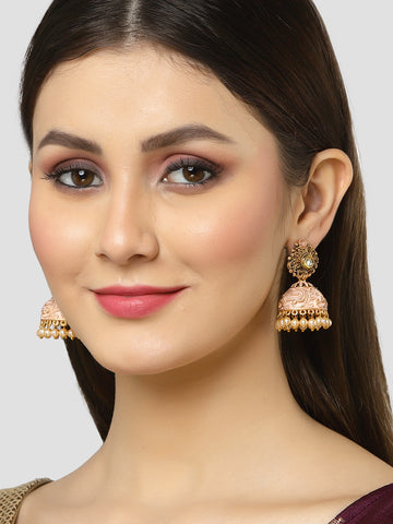 Karatcart Gold Plated Peach Meena Golden Pearl Jhumki Earrings for Women